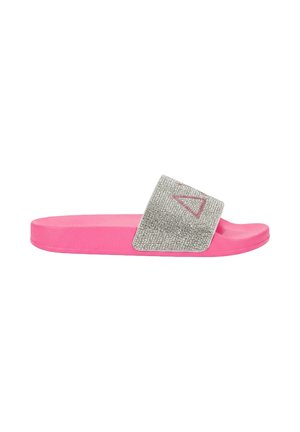 Sandalo rosa con una spessa fascia glitter argento che presenta un delicato disegno triangolare rosa, suola piatta e punta aperta.
