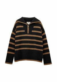Schwarz- und braun-gestreifter Pullover mit hohem Kragen und halbem Reißverschluss, aus einem gerippten Material gefertigt, mit einem lässigen Schnitt.