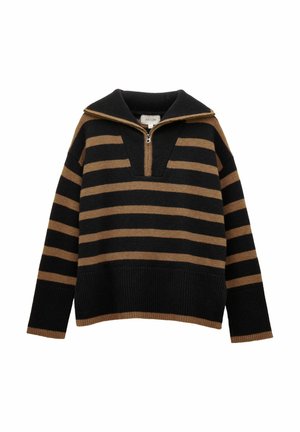 Schwarz- und braun-gestreifter Pullover mit hohem Kragen und halbem Reißverschluss, aus einem gerippten Material gefertigt, mit einem lässigen Schnitt.