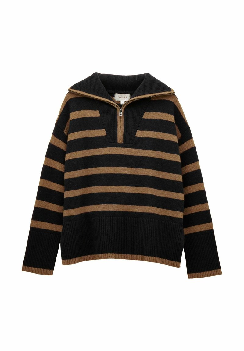 Schwarz- und braun-gestreifter Pullover mit hohem Kragen und halbem Reißverschluss, aus einem gerippten Material gefertigt, mit einem lässigen Schnitt.