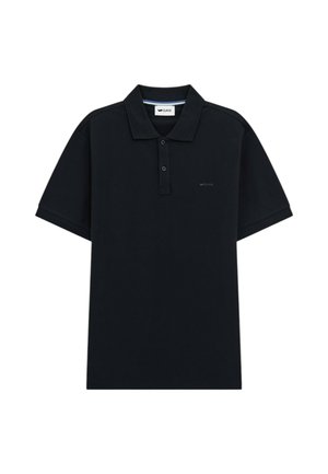 Polo shirt nera in cotone, con colletto classico, pattina con due bottoni, maniche corte e un logo discreto sul petto.