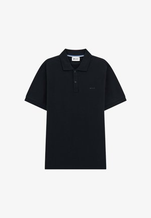 Polo shirt nera in cotone, con colletto classico, pattina con due bottoni, maniche corte e un logo discreto sul petto.