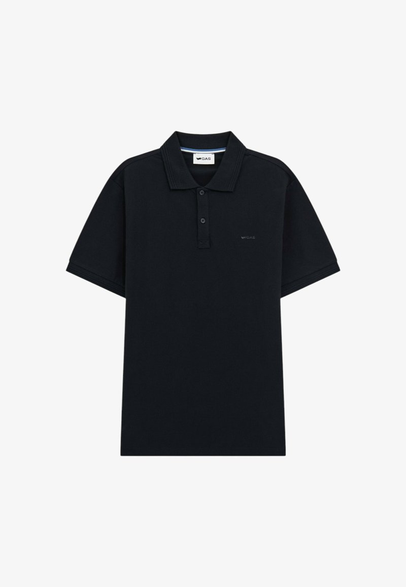 Polo shirt nera in cotone, con colletto classico, pattina con due bottoni, maniche corte e un logo discreto sul petto.