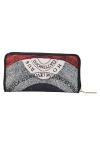 Portafoglio con zip dotato di un design multicolore che presenta sezioni rosse e blu, testo e un esterno in tessuto testurizzato. Con zip argentata.