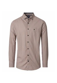 Langärmliges Hemd mit einem mehrfarbigen geometrischen Muster in Blau, Orange und Weiß. Es hat einen Hemdkragen mit Knöpfen und Vorderknöpfe.