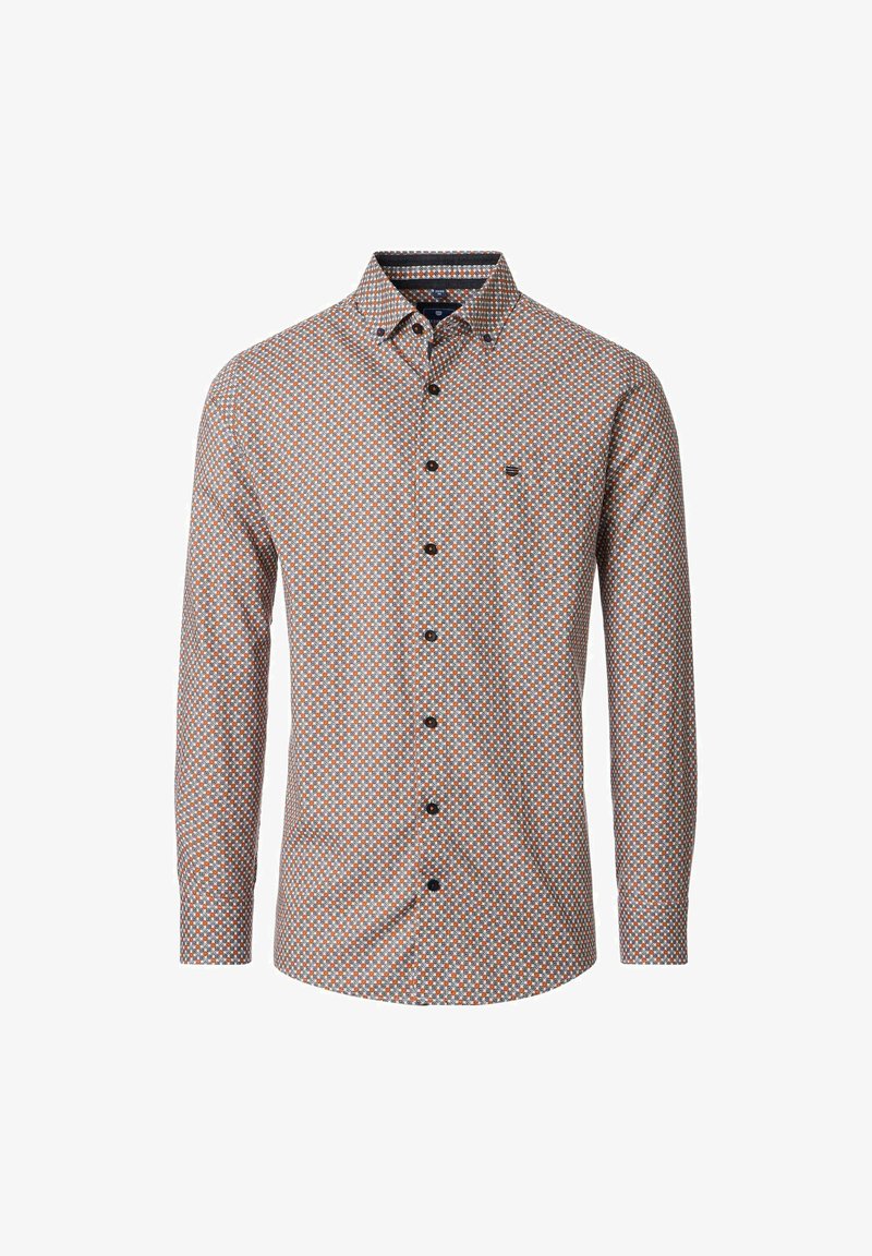 Langærmet skjorte med et flerfarvet geometrisk mønster i blå, orange og hvid. Den har en knapkrave og frontknapper.