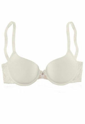 Reggiseno bianco imbottito con dettagli in pizzo sui lati, bretelle regolabili e un piccolo fiocco decorativo al centro. Texture liscia, design a forma di U.