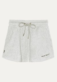 Ljust grå, texturerade fleece-shorts med elastisk midja, snörning, två sidofickor och texten "ESCAPE REALITY" i svart.
