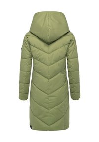 Green padded coat featuring a chevron design, long sleeves, and a large hood. Made from a smooth, lightweight material, offering warmth.
