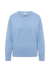 Maglione azzurro chiaro lavorato a maglia con scollatura rotonda, spalle scese e polsini e orlo a coste. Texture morbida con vestibilità rilassata.
