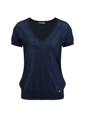 Top lavorato a maglia blu navy a maniche corte con scollo a V, orlo e polsini a costine, con un piccolo logo metallico rotondo vicino alla vita.