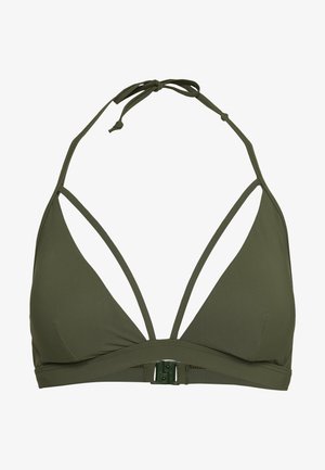 Olive rohelise värviga bikiinide topp kolmnurksete tassidega, reguleeritavad sidumisrihmad ja esikinnitus. Sile tekstuur ja minimalistik disain.