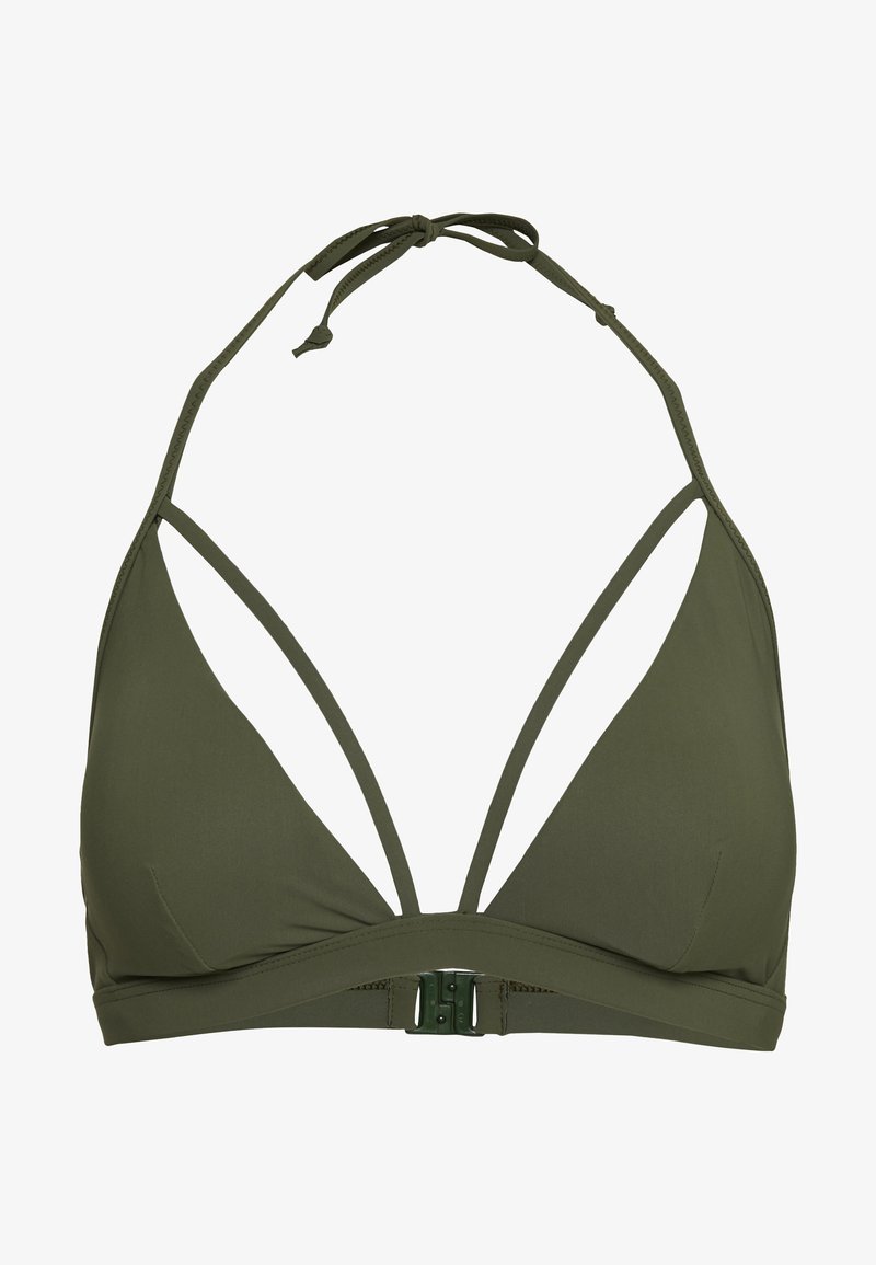 Μπικίνι τοπ σε ελαιόκανο χρώμα με τριγωνικά cups, ρυθμιζόμενους ιμάντες με κορδόνια και κλείσιμο μπροστά. Λείος υφή και μινιμαλιστικός σχεδιασμός.