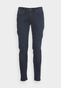 Mörk tvättade jeans i slim fit med femfickdesign och standardmidja; slät struktur med subtila blekningsdetaljer.