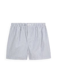 Pantaloni corti da uomo a righe in cotone blu e bianco. Presentano un cintura elastica e chiusura con bottone, con una vestibilità rilassata e una superficie liscia.