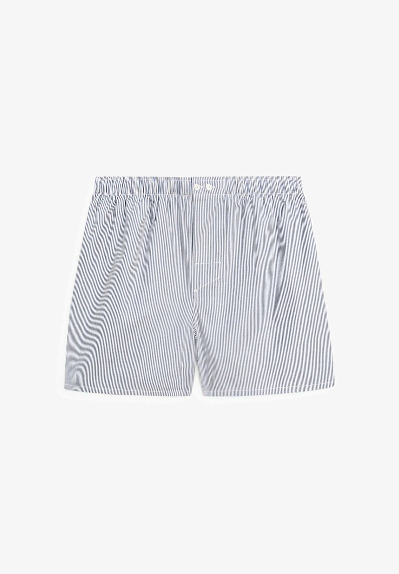 Striped men's shorts in blue and white cotton. Features an elastic waistband and button closure, with a relaxed fit and smooth texture.