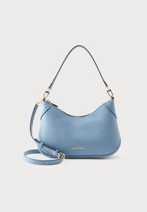 Τσάντα χειρός Michael Kors από ανοιχτό μπλε δέρμα με επάνω φερμουάρ, κοντό λουράκι ώμου και αφαιρούμενο, ρυθμιζόμενο λουρί για χιαστί.