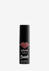 Czarna cylindryczna tubka szminki z matowym wykończeniem. Ozdobiona czerwoną serduszkiem oraz białym napisem "NYX Professional Makeup Suède Matte Lipstick."
