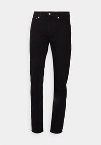 Jeans de mezclilla negra con corte recto, diseño de cinco bolsillos, botón de metal y remaches. Textura suave, sin patrones o adornos visibles.