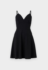 Schwarzes ärmelloses Kleid mit V-Ausschnitt, tailliertem Oberteil und schwingendem Rock. Gefertigt aus glattem Stoff, mit dünnen Schulterträgern.