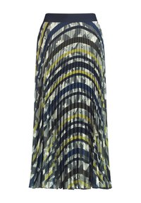 Sininen, laskostettu midihame, jossa on leveä vyötärökaitale ja kaareva kuvio harmaan, tummansinisen ja oliivinvihreän sävyissä.