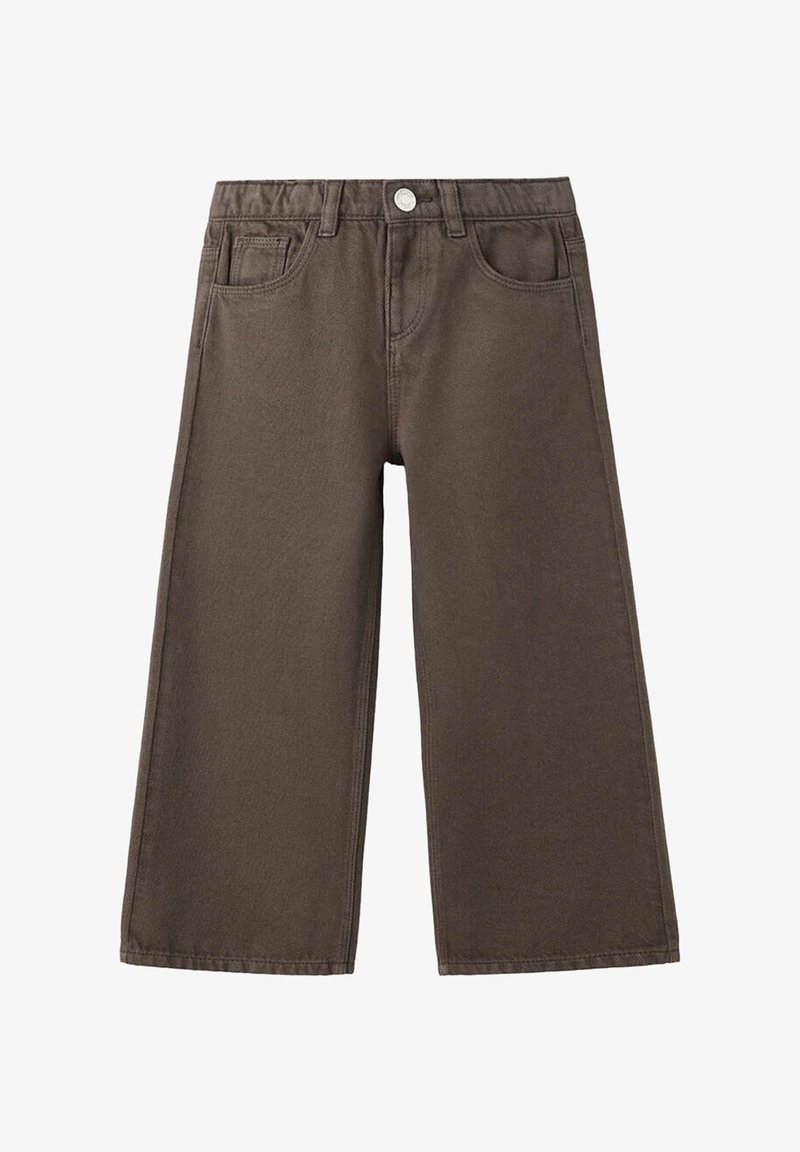Pantalon marron à jambes larges avec poches avant, passants pour ceinture et fermeture par bouton à la taille, fabriqué en tissu denim.