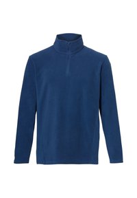 Marineblauwe fleece trui met halve ritskraag, lange mouwen en een gladde textuur. Heeft een eenvoudig, onopgesmukt ontwerp.
