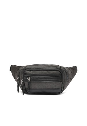 Temno siva torbica iz tkanine z več žepki na zadrgo in črnimi usnjenimi poudarki, zasnovana za nošenje brez uporabe rok.