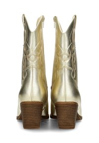 Metallic gold ankle boots with a slightly pointed toe, textured finish, and decorative stitching, featuring a stacked wooden heel.