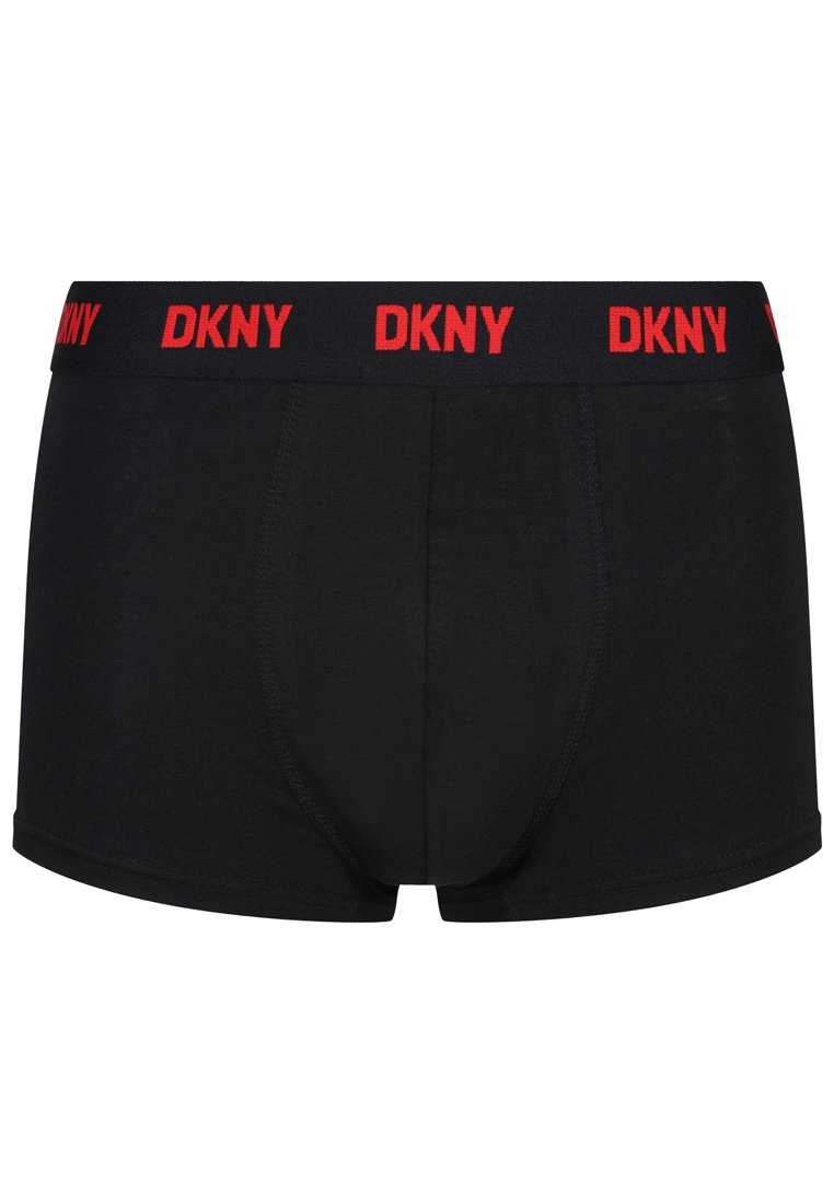 Bóxers de hombre en negro con una banda de logo DKNY roja en la cintura, que cuentan con un pouch frontal contorneado y costuras planas.