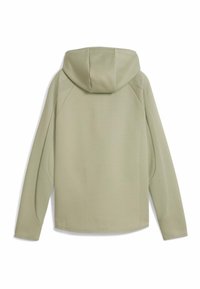 Felpa con cappuccio verde chiaro caratterizzata da una texture liscia, maniche raglan e una vestibilità comoda, con cuciture minime e senza marchio visibile.