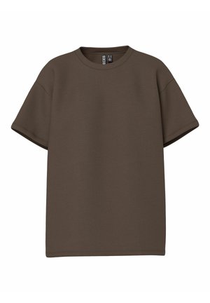 Brun kortærmet T-shirt lavet af glat stof. Har en rund halsudskæring og en afslappet pasform, uden synlige mønstre eller udsmykninger.
