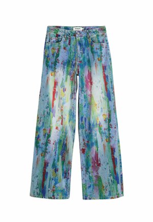 Wijde spijkerbroek met een spetterverfdesign in blauw, groen, rood en geel. Gemaakt van denim met een gestructureerd oppervlak en klassieke vijfzakkenstijl.