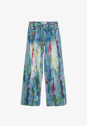 Wijde spijkerbroek met een spetterverfdesign in blauw, groen, rood en geel. Gemaakt van denim met een gestructureerd oppervlak en klassieke vijfzakkenstijl.