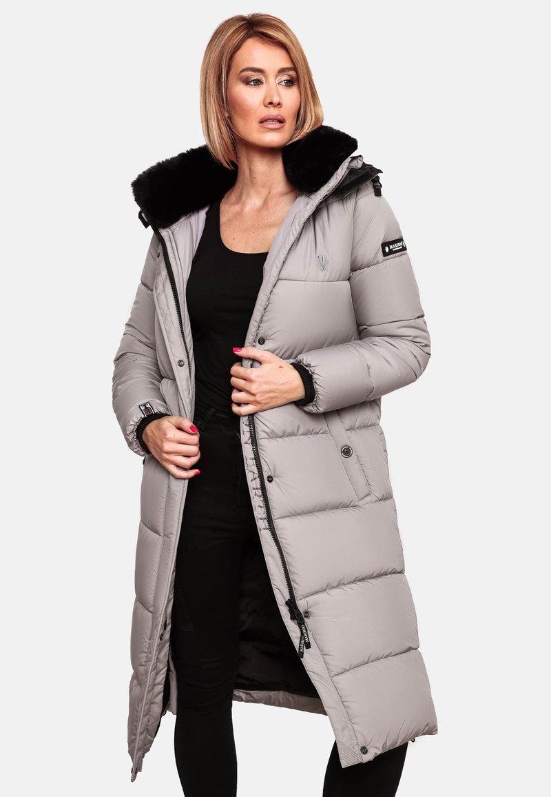 Long, light gray puffer coat with a black faux fur collar, zip and button closure, and elastic cuffs. Smooth texture with quilted pattern.