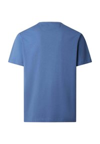 Schlichtes blaues T-Shirt mit kurzen Ärmeln, von hinten gezeigt, mit rundem Halsausschnitt vor weißem Hintergrund.