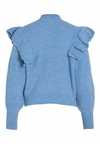 Pull en maille bleu clair avec manches longues et détails volantés sur les épaules, col, poignets et ourlet côtelés.