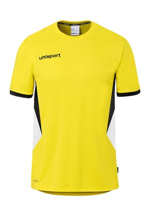 T-shirt de sport jaune à manches courtes avec des panneaux latéraux noirs et blancs, des poignets de manche noirs et le logo "uhlsport" sur la poitrine.