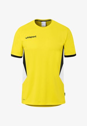 Geel sportshirt met korte mouwen, zwarte en witte zijpanelen, zwarte mouwboorden en het "uhlsport"-logo op de borst.