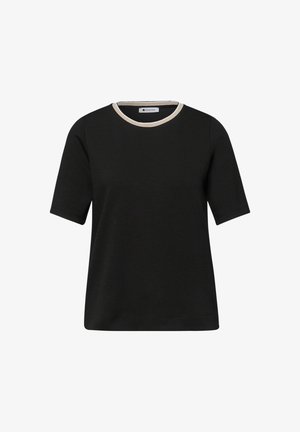 Černé tričko s krátkým rukávem a béžovým lemováním kolem kulatého výstřihu, jednoduchý design a volný střih.