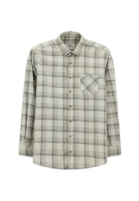 Beżowa koszula w kratę z długim rękawem, z brązowymi i ciemnoszarymi liniami, z pojedynczą kieszenią na piersi, zapinana na guziki, wykonana z miękkiego materiału.