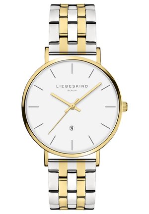 Armbanduhr mit einem runden weißen Zifferblatt, goldenen Zeigern und Stundenmarkierungen. Silberne und goldene Metallband mit abwechselnden Gliedern. Datumsanzeige auf 6 Uhr.