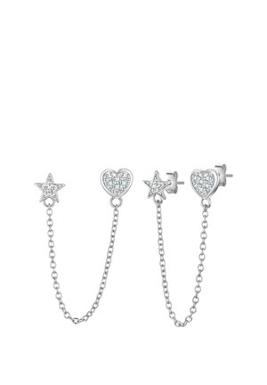 Sudraba auskari ar zvaigznes un sirds dizainu, rotāti ar caurspīdīgiem rhinestones, kas savienoti ar smalkām ķēdītēm.