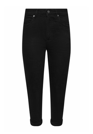 Schwarze Jeans aus Denim mit schmal zulaufendem Schnitt, ausgestattet mit einem Knopfverschluss, fünf Taschen und umgeschlagenen Säumen. Glatte Textur mit minimalen Details.