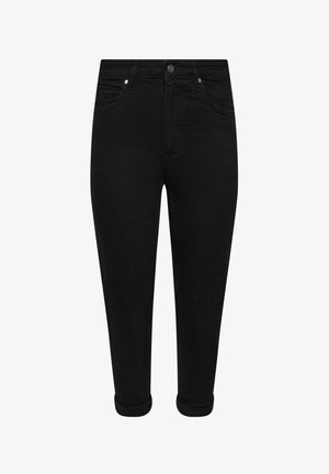 Schwarze Jeans aus Denim mit schmal zulaufendem Schnitt, ausgestattet mit einem Knopfverschluss, fünf Taschen und umgeschlagenen Säumen. Glatte Textur mit minimalen Details.