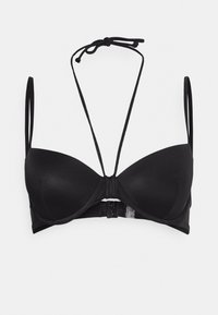 Svart bikinitopp med formede kopper, justerbare bånd i nakken og en spenne bak; glatt tekstur med minimal detaljering.