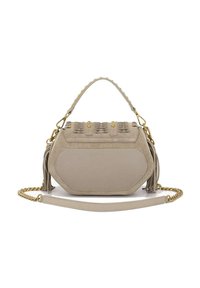 Borsa beige con texture in pelle e camoscio, forma strutturata, manico superiore intrecciato e dettagli in metallo dorato con accentuazioni a frange.