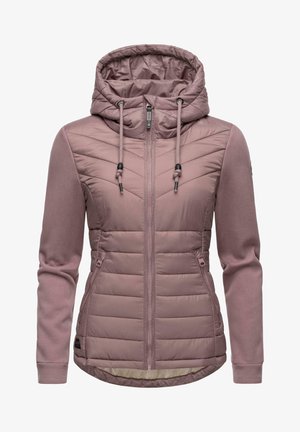 Hooded jacket in soft pink, featuring a quilted front, smooth sleeves, full zip, and drawstrings. Two side pockets and a curved hem detail.