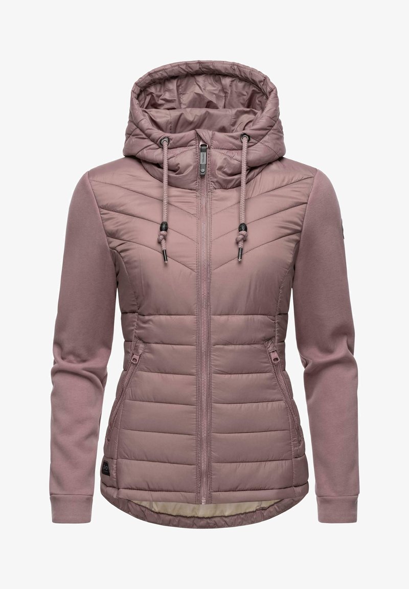 Hooded jack in zacht roze, met een gewatteerde voorkant, gladde mouwen, volledige ritssluiting en trekkoorden. Twee zijzakken en een gebogen zoomdetail.