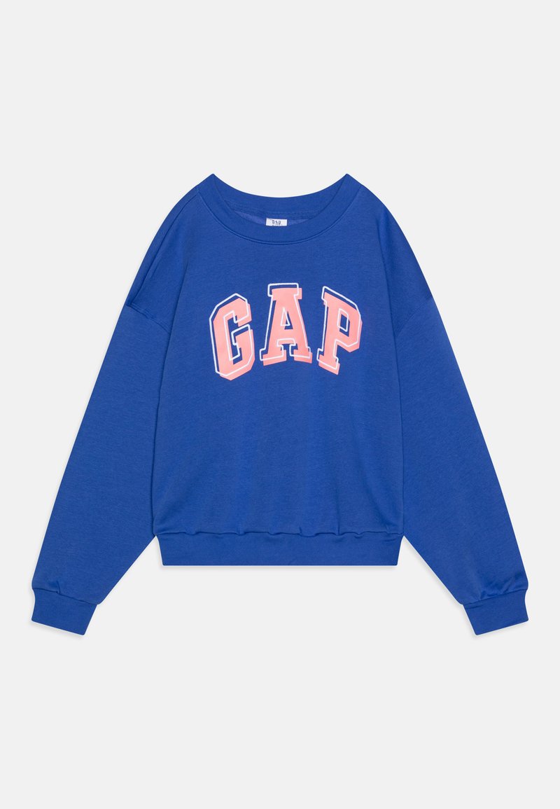 Mėlyna ilgomis rankovėmis ir apvaliu iškirpimu džemperis. Priekyje krūtinės srityje yra "GAP" logotipas rožinės ir baltos spalvos raidėmis. Raukšių apdaila.